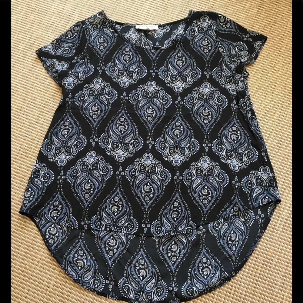 Short Sleeve Black and Blue Paisley Blouse